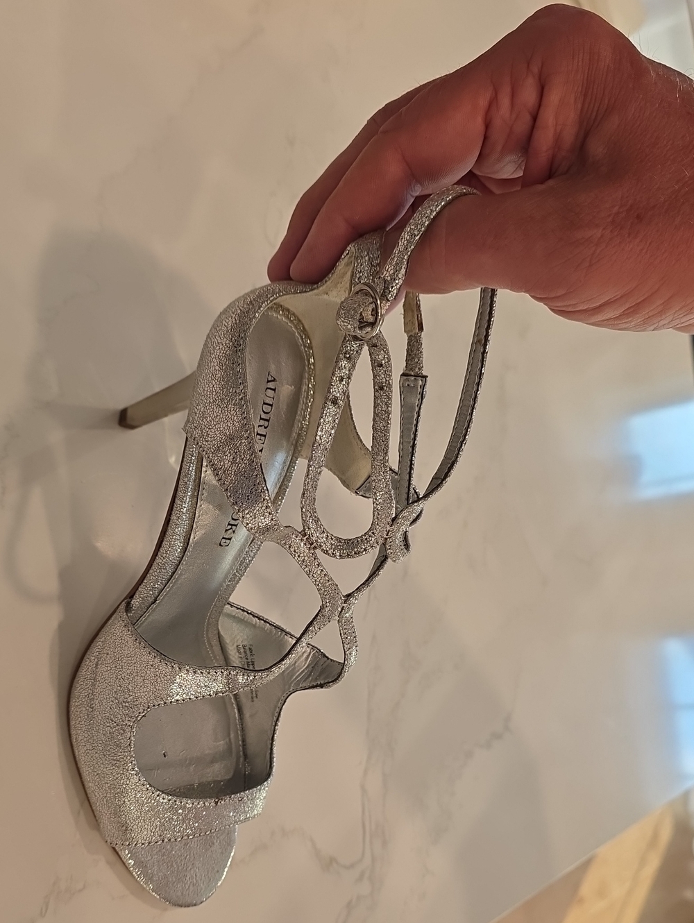Audrey Brooke Metalic Silver Leather Glitter Strappy Women's High Heel Sandals - Picture 6 of 7